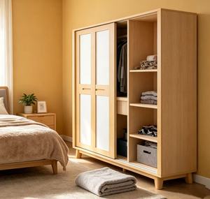 Armoire scandinave moderne en bois avec portes coulissantes et étagères ouvertes, meuble de rangement autoportant pour chambre à coucher - Product Image 5