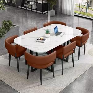 Table à manger ronde en marbre gris veiné, style luxe léger, <span class=keywords><strong>moderne</strong></span>, coins arrondis, anti-collision, usage commercial, durable, 6 chaises - Product Image 2