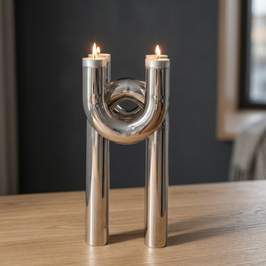 Porte-bougie moderne en métal à double tube, support de bougie conique de luxe contemporain, centre de table décoratif - Product Image 4