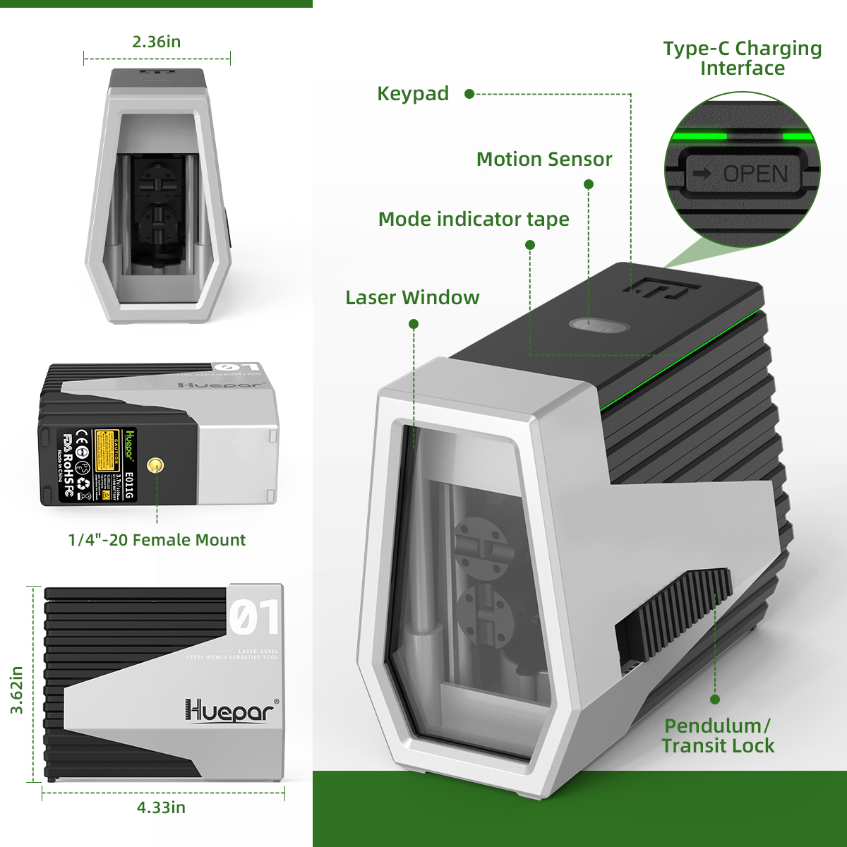 E011G Green Laser Level Self Leveling Cross Line Rechargeable Tool & Motion Sens