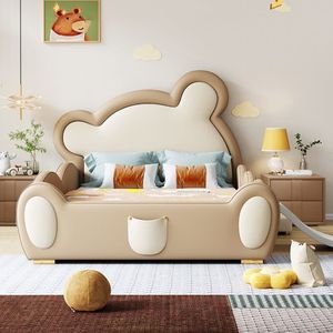 Tempat Tidur Anak Beruang Kartun Modern Kreatif dengan Seluncuran, Bingkai Tempat Tidur Anak Berlapis Kulit Imitasi, Furnitur Balita untuk Anak Laki-laki dan Perempuan - Product Image 5
