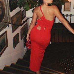 Vestido Midi Ajustado con Abertura en un Hombro, Color Rojo, Diseño 2026, para Fiestas Nocturnas y Eventos - Product Image 2