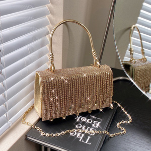 Tassel Shiny Metal Small <b>Square</b> Cover Closure Gold Mobile Phone Rhinestone Chain PU Crossbody Bag for Women Daily Use Tanjing - Product Image 3