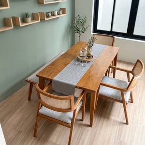 Durable Solid Teak Wood <b>Dining</b> <b>Table</b> and Rattan Bench <b>Set</b> Modern <b>Rustic</b> Style Home Furniture - Product Image 3