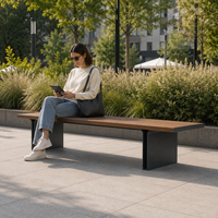 Banc de jardin moderne sans dossier, pieds de support plats en métal, assise longue en bois composite WPC pour jardin, place publique, aménagement paysager
