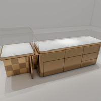 Maßgefertigte Luxus-Schmuckvitrine Umweltfreundlich Fabrikpreis Holz Lackiert Edelstahl Gehärtetes Glas LED-Beleuchtung