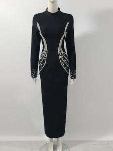 Yeni siyah ve beyaz yuvarlak boyun uzun kollu elmas seksi zarif doğum günü akşam kokteyli parti bandaj toptan kadın elbise - Product Image 5