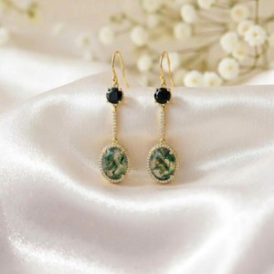 Green Moss Agate Black Obsidian Gemstone <b>Earrings</b> Featuring Oval Dangle Style in 925 Sterling <b>Silver</b> or 18K Gold Filled - Product Image 5