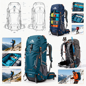 Sac à dos de randonnée Shunwei personnalisé grande capacité 50-70L en nylon unisexe, dos ergonomique, imperméable pour l'escalade et le trekking - Product Image 4