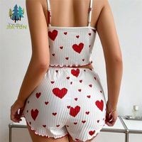 Heißer Sommerschlussverkauf Damen Sexy Weißes Gestricktes Pyjama-Set mit Herzmuster Cami & Shorts Damen-Nachtwäsche 2-teilig