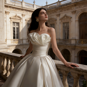 Abiti <span class=keywords><strong>da</strong></span> sposa senza spalline per spose <span class=keywords><strong>taglie</strong></span> forti, linea ad A, con fiocco, vita naturale, in raso nuziale, stile francese, design elegante e semplice, con corpetto a bustino - Product Image 1