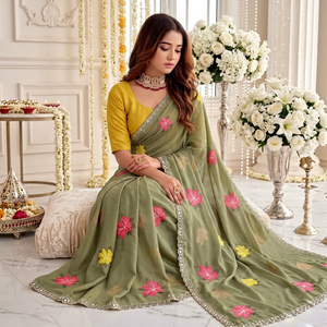 Sari de Georgette Bordado de Moda AARA, Mezcla de Seda Floral, Vestido Tradicional Indio con Protección Solar para Bodas, Fiestas y Festivales - Product Image 1