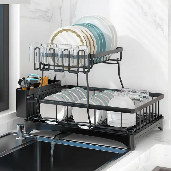 2 Tier Kitchen Stainless Steel Dish Rack with Cutlery Holder - Silver