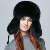 Orejeras de invierno Piel de zorro real Sombrero de soldado Hombres Mujeres Ushanka Trapper Sombrero de piel real Gorras de Bombardero