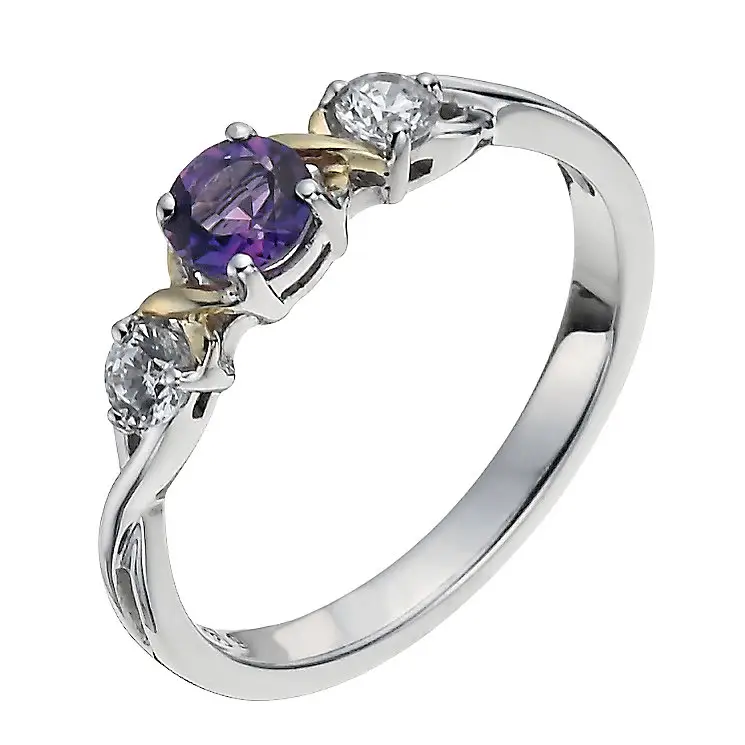 Real 9CT Gold Designer Jewellery Three Stone Rings Round Cut Diamond Purple And White Zircon Unique 925 Sterling Silver Rings