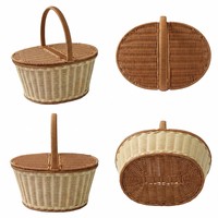 Panier de pique-nique en rotin synthétique tissé en plastique PP avec couvercle et poignée, panier de rangement pour aliments de camping en plein air, panier en osier pour fruits