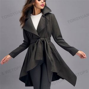 Womens cộng với kích thước quần áo veste carreaux Femme của phụ nữ lần lượt xuống cổ áo khoác Belted len pha trộn áo bất đối xứng HEM bọc áo khoác - Product Image 5