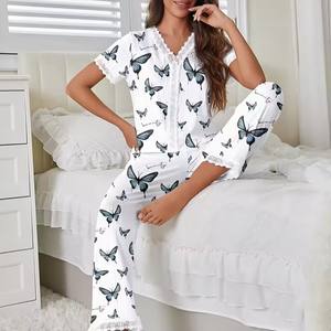 Set Casual da Casa per Donne, Pigiama con Finiture in Pizzo, <span class=keywords><strong>Lingerie</strong></span> Stampata per Estate e Autunno - Product Image 3
