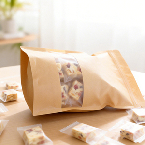 ถุงซิป<span class=keywords><strong>ล</strong></span>็อคแบบตั้งได้ ขนาด 18*26+4 ซม. <span class=keywords><strong>ราคา</strong></span>ถูก คุณภาพสำหรับอาหาร มีหน้าต่างแบบด้าน ผลิตจากกระดาษคราฟท์สีน้ำตา<span class=keywords><strong>ล</strong></span> สำหรับใส่ของขวัญ ขายส่ง - Product Image 1