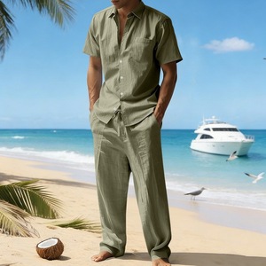 New European and American Style <strong>Men's</strong> <strong>Linen</strong> Casual Solid Color Short-sleeved <strong>Shirt</strong> and Trouser Suit, Summer <strong>Linen</strong> Material - Product Image 3