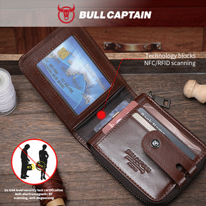 BULLCAPTAIN Genuine Leather Men's <b>Wallet</b> with Zipper Vintage <b>RFID</b> <b>Blocking</b> Large Capacity Credit Card Slots Zipper Coin Pocket - Product Image 3