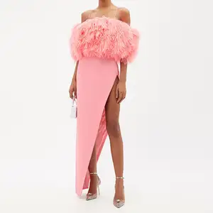 2023 nuovo Designer elegante di spalla asimmetrica alta divisa di lusso rosa piuma di struzzo abiti da sera da sposa