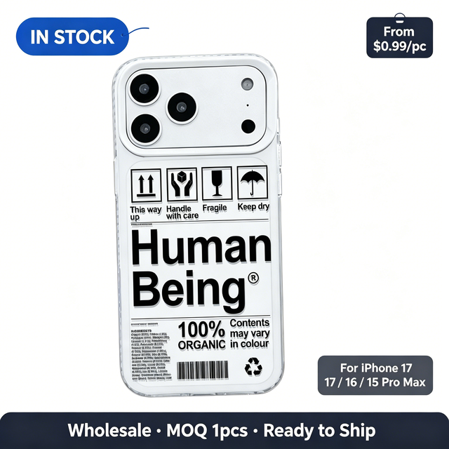Black White 'Human Being' Label Clear TPU Case, Minimalist Shockproof Phone Cover for iPhone 17 16 15 14 13 Pro Max