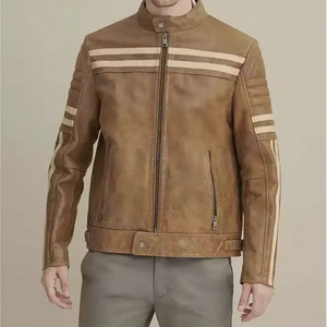 <b>Mens</b> Real Tan Leather <b>Jacket</b> Stand Collar White Racing Stripe Sheepskin Biker Coat Distressed Custom Vintage Winter Outerwear - Product Image 1