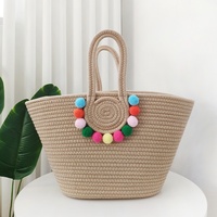 Sac Fourre-Tout Grande Capacité pour Femme, Nouveau Style Transfrontalier, Fait Main en Corde de Coton Tressée, Paille, Balle de Fourrure, Fermeture Bonbon, Idéal Voyage et Plage