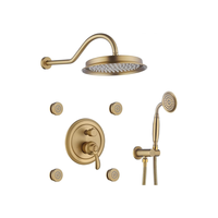 Ensemble de douche mural en laiton brossé doré non revêtu avec mitigeur de douche à effet pluie LED de 9 pouces – Système de douche pour salle de bain