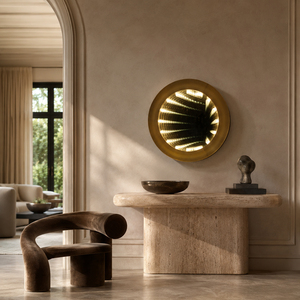 Round Brass Frame Infinity <b>Mirror</b> <b>Wall</b> <b>Light</b> With Warm LED Bulbs For Home Decor - Product Image 2
