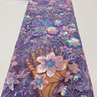 Tissu en dentelle florale brodé de sequins colorés de style européen et américain pour robe de mariée, robe de soirée, veste de fête