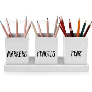 Wooden Pen Holder <b>Set</b> With Tray 4 Pieces Black <b>Square</b> Desk Organizer For Office Home Storage Pencils Pens Markers - Product Image 5