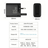 Cargador Rápido GaN de 65W a Prueba de Agua con Enchufe para Reino Unido, Certificación CE/UKCA, Adaptador de Carga USB-C PD para Teléfono, Tableta, Portátil y Cámara