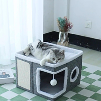 Lit pour chat à double couche avec oreilles d'ours mignonnes, pliable, avec griffoir en sisal, lavable, nid chaud d'hiver pour chats d'intérieur