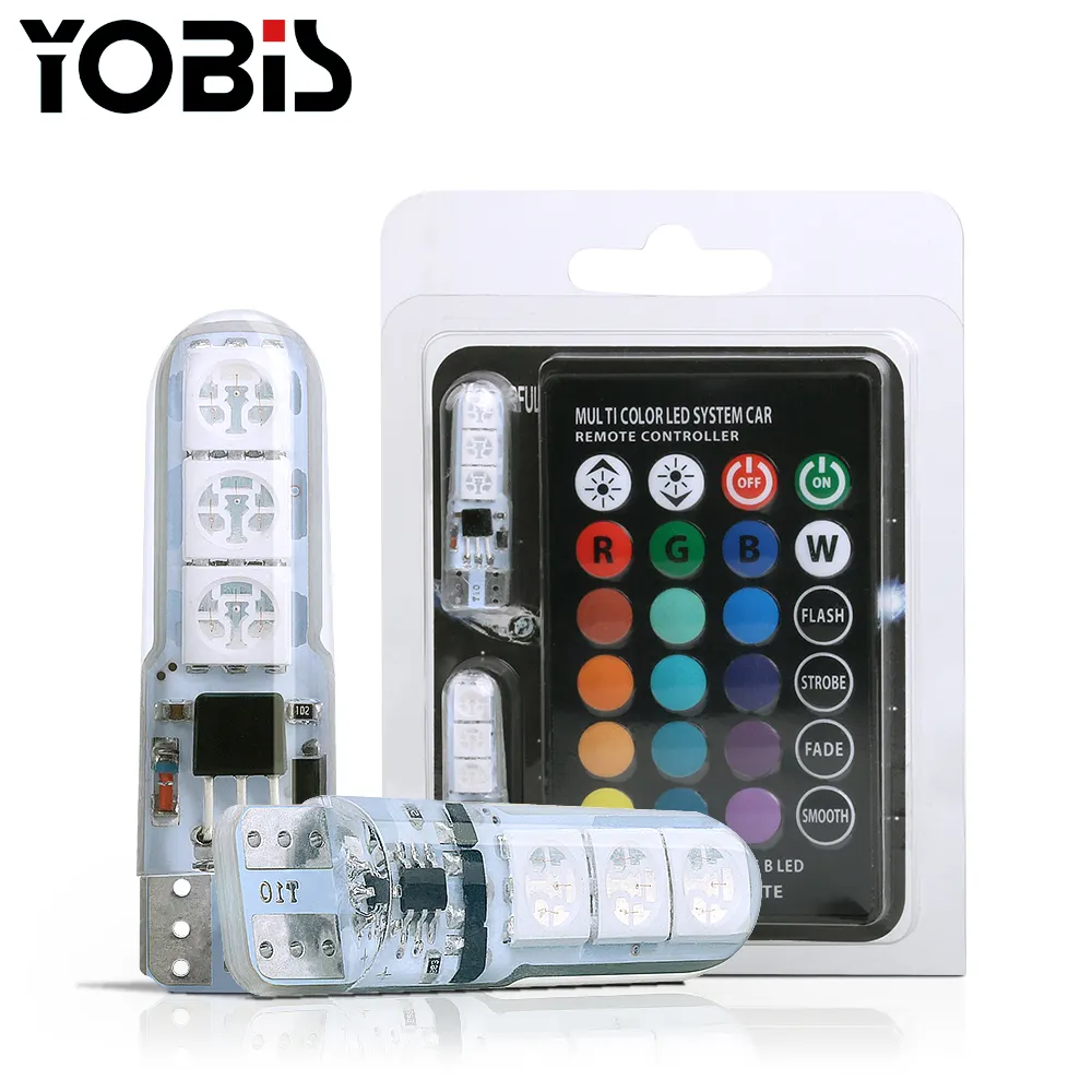 YOBIS 12V รถ RGB หลอดไฟ LED T10 W5W LED RGB 5050 SMD สัญญาณโคมไฟตกแต่งภายในไฟระยะไกลอ่านลิ่มหลอดไฟรถ