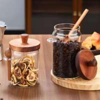 Bocaux cylindriques en verre borosilicate avec couvercles en bois, poignées et cuillères – Contenants hermétiques pour sel et sucre de cuisine