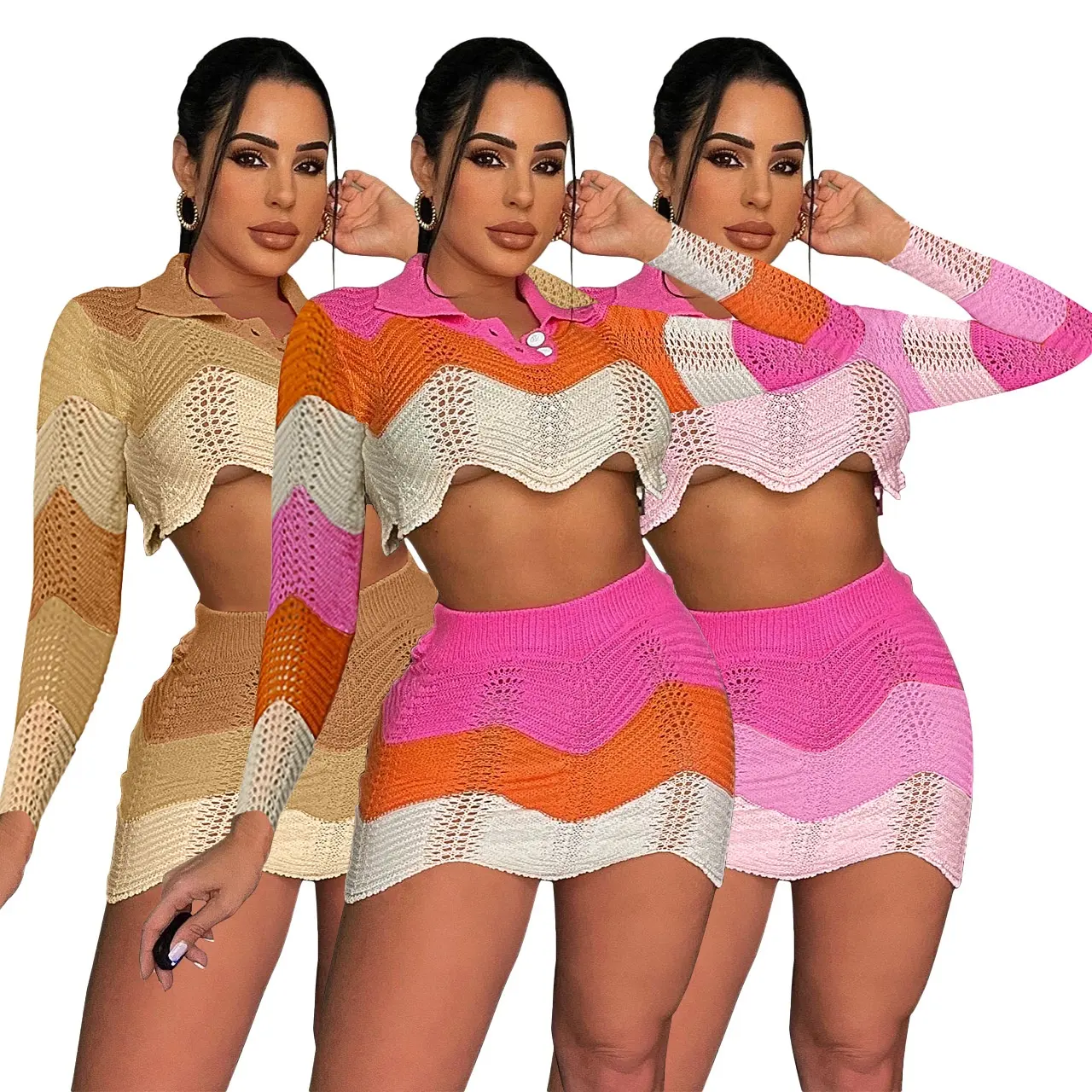 Fashion american clothing spring 2023 casual dress knit long sleeve crop top sexy crochet womens skirts two piece women's sets