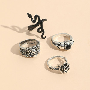 [Gorgeousxx] Ensemble de bagues gothiques en forme de crâne de rose pour femmes, bagues en serpentine noire, bijoux punk - Product Image 2