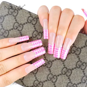 손톱에 긴 관 프레스 핑크 프랑스어 팁 스퀘어 스웨터 가짜 손톱 악어 패턴 디자인 전체 커버 거짓 손톱