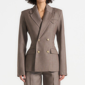 Blazer de Mujer con Doble Botonadura y Rayas Finas, Manga Larga, Cuello con Muescas, Mezcla de Lana y Poliéster, para Otoño, Tejido Antiarrugas - Product Image 1