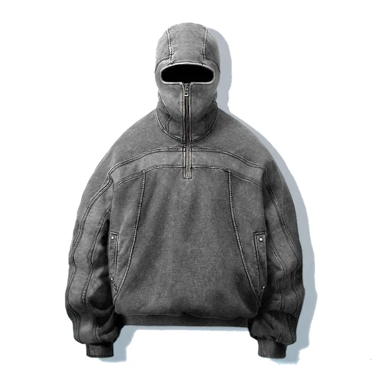Groothandel Drop Shoulder Vintage Black Hooded Sweater Custom Mineraal Zuur Wassen Full Face Rits Hoodie Heren