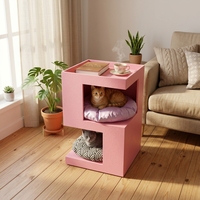 Table d'appoint 2-en-1 pour chat avec 2 coussins amovibles, lit pour chat en peinture grainée rose, meuble démontable