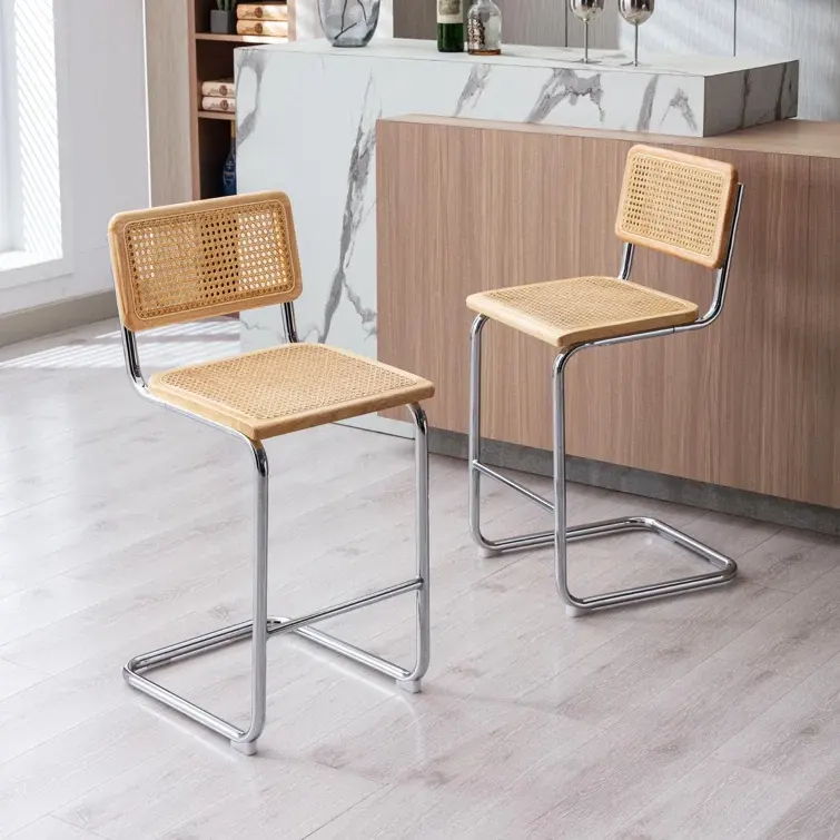 Wholesale Designer Scandinavian chrome leg Rattan Backrest rubber wood seat and back Bar Stool Chair for Restaurant Cafe
