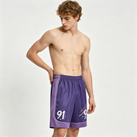 Shorts en maille violette imprimé 91, style basket, coupe vintage, streetwear, mode masculine, vente en gros, lot en vrac, été