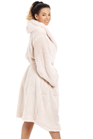 Albornoz de felpa de lujo suave para mujer, con capucha, para dormir, venta al por mayor, para adultos, de invierno, estilo sherpa, elegante, hasta la rodilla, personalizado
