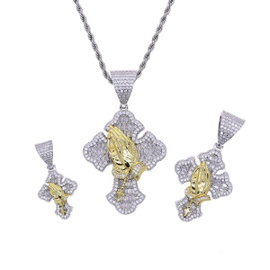 힙합 투톤 실버 & 골드 도금 기도하는 손 CZ 크로스 펜던트 롱 목걸이 소년용 액세서리 구리 보석 - Product Image 5