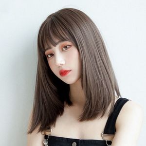 Perruque <span class=keywords><strong>mi</strong></span>-longue en fibre synthétique haute température, fabriquée à la machine, avec dentelle complète, réaliste, cheveux raides courts à la clavicule pour <span class=keywords><strong>femme</strong></span> - Product Image 2