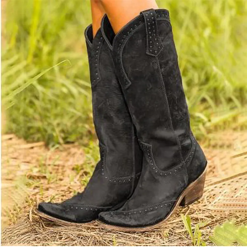 2021 Payless High Cowboy Stiefel Mode Pointed Toe Näh schuhe Weiblich High Heels Dicke Schuhe Damen Herbst