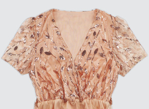 <span class=keywords><strong>Abiti</strong></span> da donna con scollo a v e paillettes a maniche corte cintura da donna ricamata in garza luminosa vestiti <span class=keywords><strong>estivi</strong></span> Midi abito lungo Casual da festa - Product Image 5